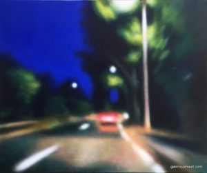 Peinture d'un paysage nocturne, route et phares arrière de voiture - Laetitia GIRAUD, acrylique sur toile