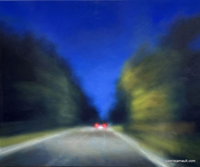 Peinture d'un paysage nocturne avec voiture au bout de la route - Laetitia GIRAUD, acrylique sur toile