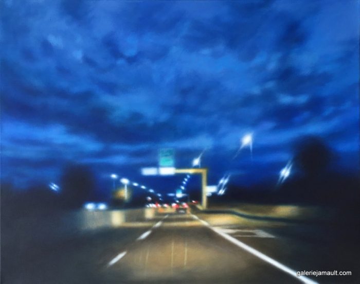 Peinture d'un paysage nocturne, route et éclairage - Laetitia GIRAUD, acrylique sur toile